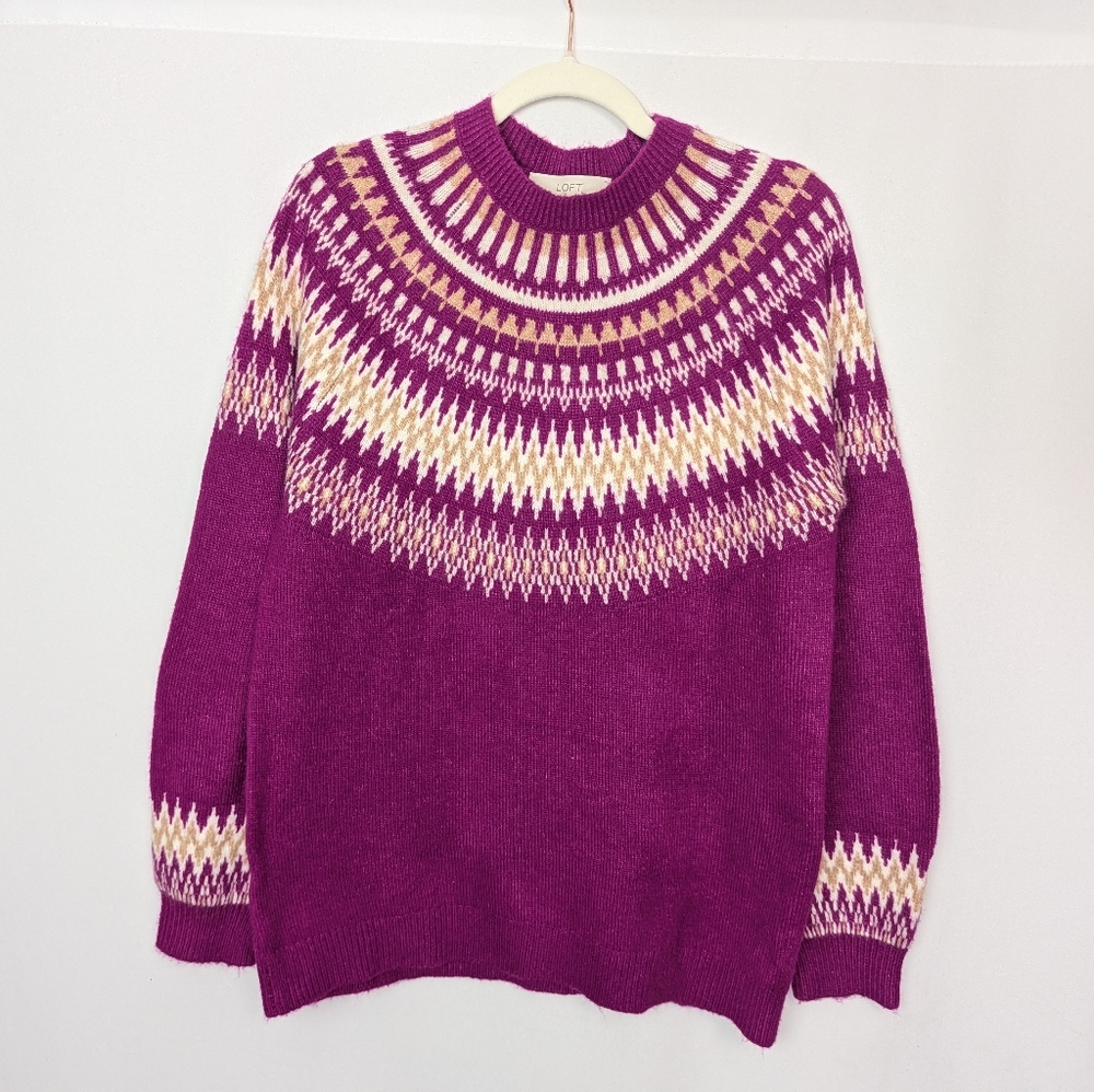 LOFT Fair Isle Knit Sweater Size L Crewneck Winter Holiday Nordic Pattern Warm